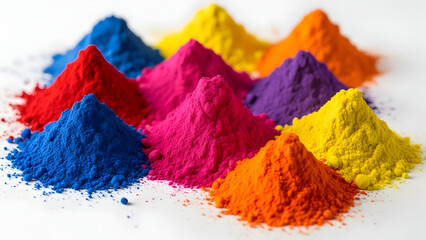 Vibrant piles of colorful Holi powder arranged on a white background.
