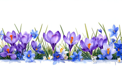 Vibrant Watercolor Border of Purple Crocuses and Blue Flowers in Spring.