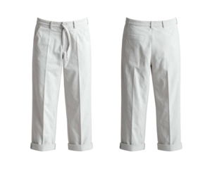 Two views of off-white fabric trousers with cuffed hems