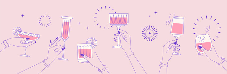 Line art hands with cocktails and firework. Cocktail party. Celebration toast with cocktail glasses. Flat design. Vector illustration