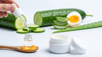 Natural skincare ingredients aloe vera cucumber egg and serum for healthy skin