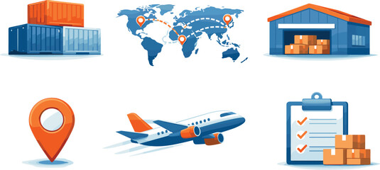 Global Logistics Elements. Logistics and supply chain scene illustrating global distribution, six symbolic objects arranged in two