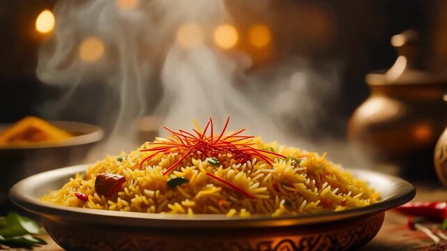 Firefly Steaming biryani close-up, rising aromatic vapors forming hypnotic patterns, saffron strands(1)