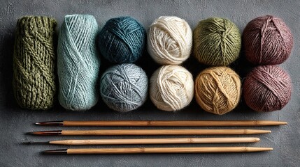 Overhead Colorful Woolen Yarn Skeins with Knitting Needle Set Still Life