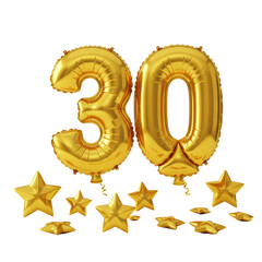 Two large metallic gold '30' foil balloons, with 5-7 scattered golden stars, reflective on a seamless transparent high-key studio background with copy space, celebratory milestone luxury concept