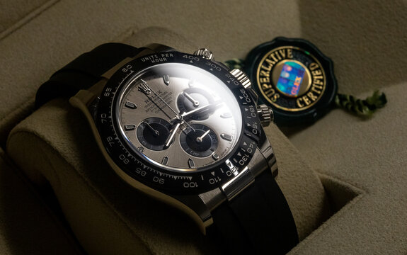 LJUBLJANA, SLOVENIA - December 12, 2021: Luxury watch Rolex Oyster Perpetual close up with selective focus