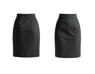 Two views of a dark gray, high-waisted pencil skirt