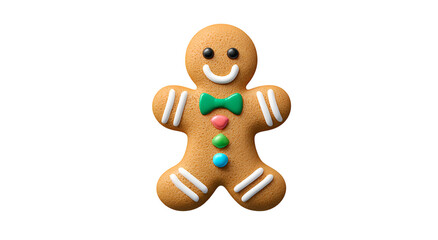 A jolly gingerbread man smiles with a bow tie and button accents, on black background