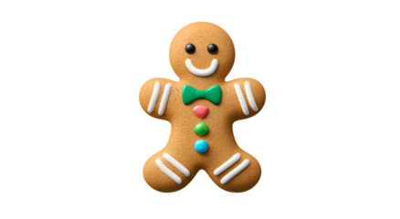 A jolly gingerbread man smiles with a bow tie and button accents, on black background