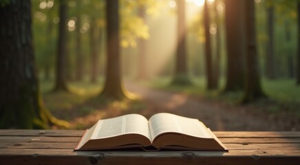 Book that is open on a wooden table