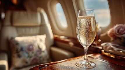 Elegant Close-up Glass of Bubbly Champagne Inside Private Airplane Cabin