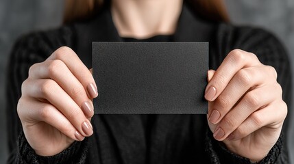 Close Up Elegant Woman Holding Black Business Card Mockup Presentation