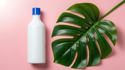 White lotion bottle and vibrant monstera leaf on a pastel pink background