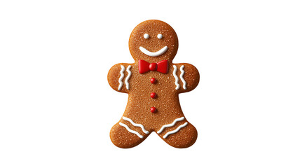 A happy gingerbread man with red bowtie, white icing and a black background