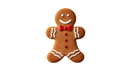 A happy gingerbread man with red bowtie, white icing and a black background
