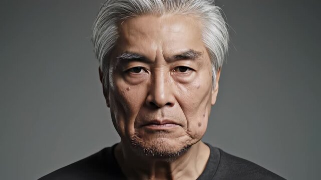 A distinguished man with white hair and a classic black shirt looks directly into the camera lens, juxtaposed next to another individual resting their eyes with an expressionless face.