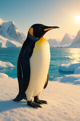 Fototapeta premium King penguin standing on snowy ground with icy landscape behind serene Antarctica scene