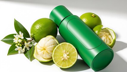 A vibrant still life featuring green limes blossoms and a cylindrical bottle