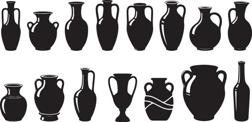 Vase vector collection with varied silhouettes. Ancient amphora, ceramic, and pottery vase designs for interior decor and elegant artistic projects