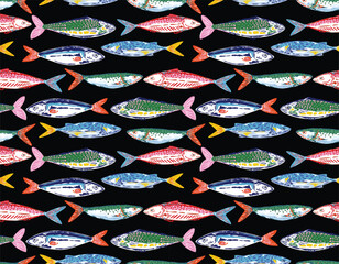 Colorful Seamless pattern. Hand drawn Seafood Mediterranean Sardines , Doodles mackerel, anchovy and seashells Vector Illustration