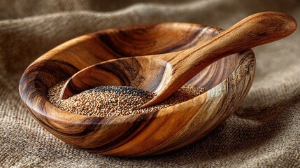 Rustic Wooden Bowl with Mixed Quinoa and Spoon Food Still Life