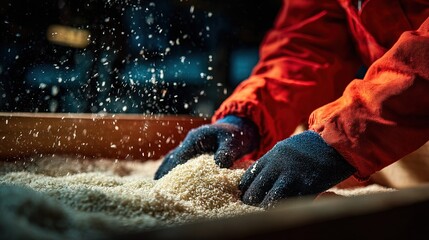 Close Up Grain Rice Worker Hands Processing in a Factory Setting