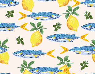 Colorful Seamless pattern. Hand drawn Seafood Mediterranean Sardines , Doodles mackerel, anchovy and seashells Vector Illustration