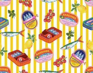 Trendy Sardines in cans. eamless pattern, Hand Drawn Mediterranean food Canned sea fish, snack in tin packages.