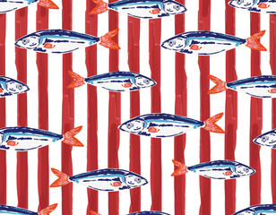 Trendy Seamless pattern. Hand drawn Seafood Mediterranean Sardines on Red Striped , Doodles mackerel, anchovy and seashells Vector Illustration