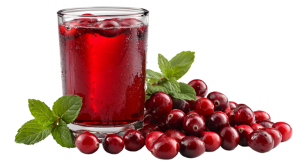 A clear glass of crimson liquid with berries, mint, and a pile of cranberries