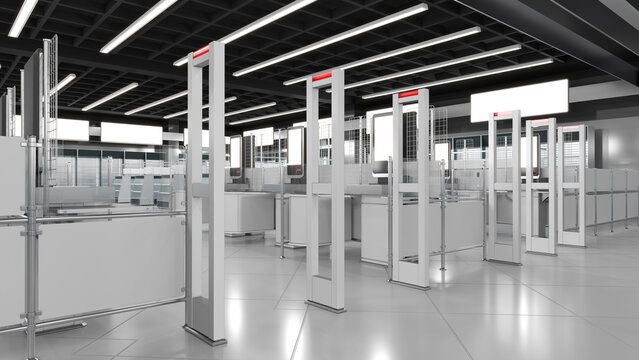 Close-up of anti-theft gates and self-service checkouts in a store interior. 3d illustration