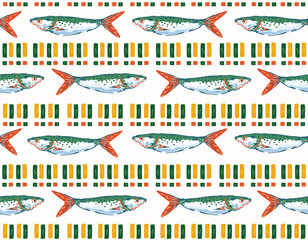 Trendy Seamless pattern. Hand drawn Seafood Mediterranean Sardines  , Doodles mackerel,