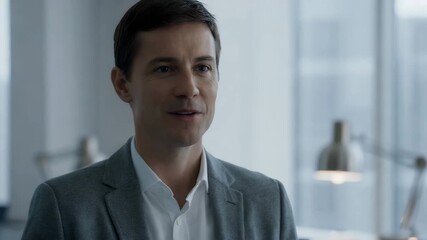 Focused business professional with calm eye contact in modern minimalist office environment