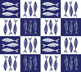 Trendy Seamless pattern. Hand drawn Seafood Mediterranean Sardines  , Doodles mackerel,