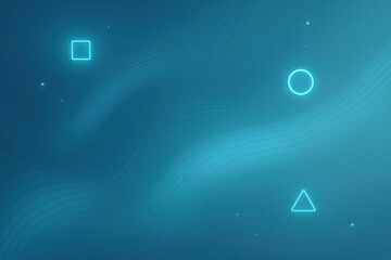 Glowing square, circle, and triangle shapes float on blue abstract background with wavy lines and small stars, creating futuristic and calm digital atmosphere