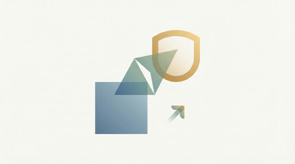 Abstract geometric composition with blue square, transparent triangle, gold shield, and small arrow, symbolizing protection, direction, and modern minimalism on white background