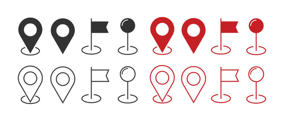 Set of black and red map pin, destination flag, and location marker icons