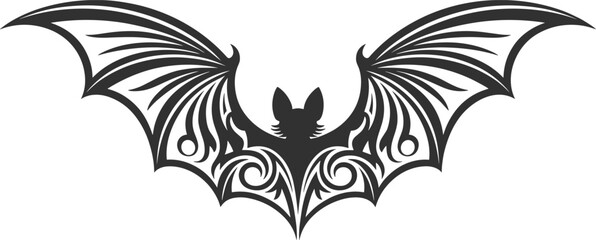 Obraz premium Tribal Bat Silhouette Illustration, Gothic Halloween Vector Art with Filigree Wing Patterns, Ornate Dark Animal Graphic for Tattoo and Apparel Design