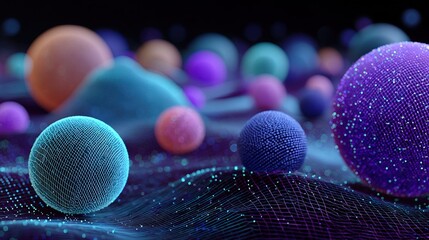 Abstract Digital Sphere with Net Structure Floating Over Wavy Surface Technology