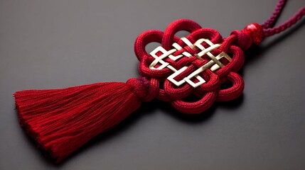 Close-up of a meticulously crafted red Chinese knot, featuring intricate weaving and a long tassel. The knot is isolated against a black background.