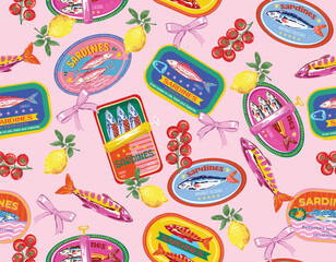 Trendy Sardines in cans. eamless pattern, Hand Drawn Mediterranean food Canned sea fish, snack in tin packages.