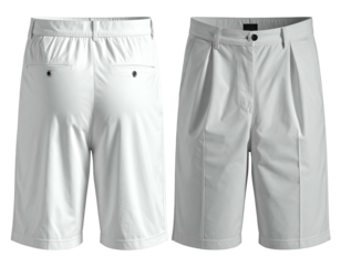 Crisp white pleated knee-length shorts, front and back views