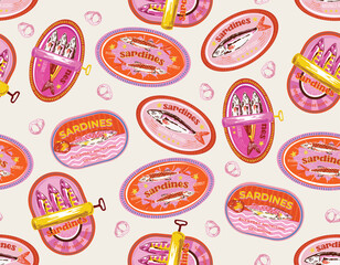 Trendy Sardines in cans. eamless pattern, Hand Drawn Mediterranean food Canned sea fish, snack in tin packages.