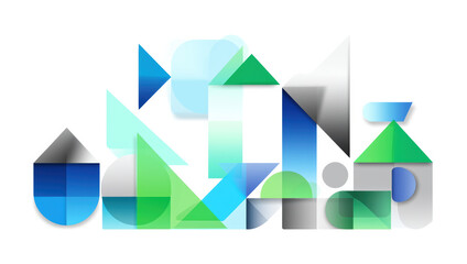 Abstract geometric shapes in blue, green, and gray tones create modern, minimalistic composition with overlapping transparent elements and clean white background