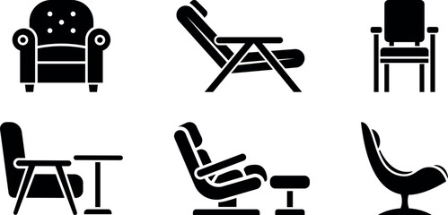 Fototapeta premium Collection of Black Chair and Seating Furniture Vector Icons Isolated on White Background