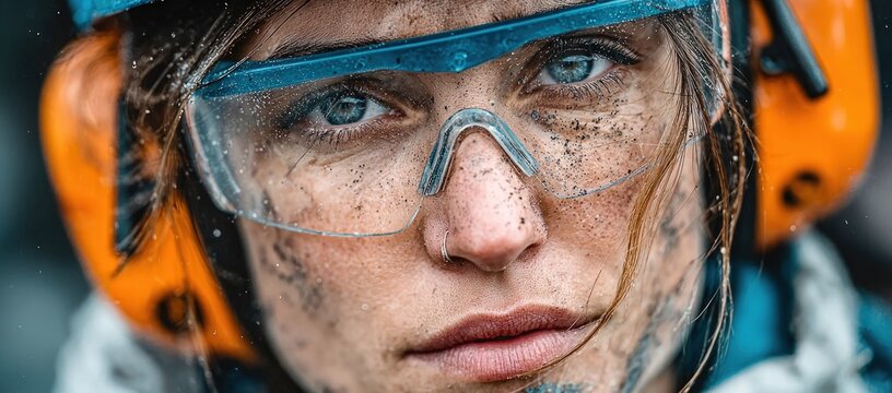Intense portrait of a grimy worker wearing clear safety goggles and orange ear protection, looking straight ahead