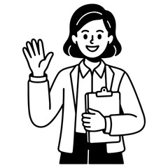 Obraz premium Hand-Drawn Woman Vector, Friendly Female Doctor Cartoon Character Waving Hand with Clipboard Medical Vector Illustration, character, drawing, doctor, woman, person, cartoon, vector, illustration