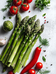 flat lay of fresh spring vegetables, generative ai