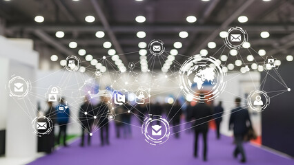 Blurred Business Conference with Digital Network Overlay.