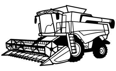 Agricultural Combine Harvester Machine Black and White Vector Illustration of Modern Farming Equipment With Outline Hand Drawing